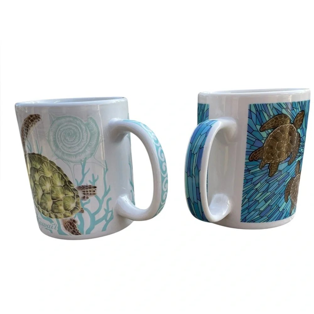 Sea Turtle Ceramic 12 oz Coffee Mugs Mismatched pair